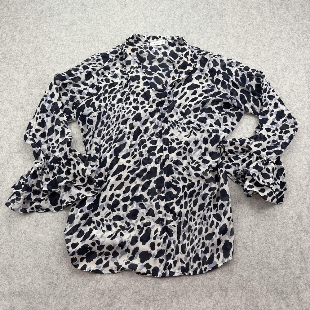 Susan Graver Blouse Womens Large Black Animal Print Ruffle Bell Sleeve Top
